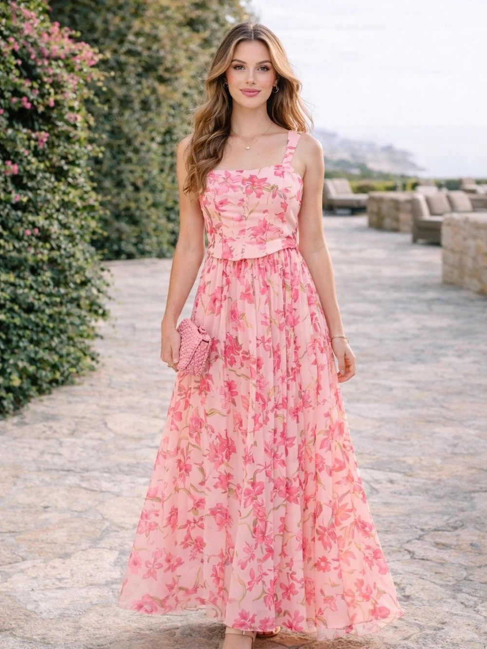Floral Pink Maxi Dress with Spaghetti Straps